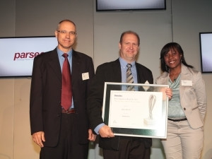 Photo taken during the Award Function on 3 October - Hein Nienaber, Associate Director, Human Capital, Deloitte, Petrus Pelser, Managing Director, Parsec and Samantha Shivuri, Senior Consultant, Human Capital, Deloitte.