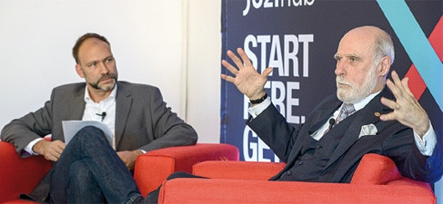 Vint Cerf, Google, (right) in animated discussion with JoziHub founder Gustav Praekelt (left).