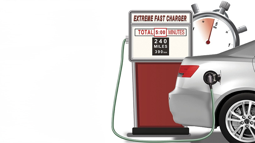 Enevate's extreme fast charge, silicon-dominant Li-ion battery technology allows EV batteries to be charged in 5 minutes, for a driving range of up to 240 miles (390 km). (Graphic: Business Wire)